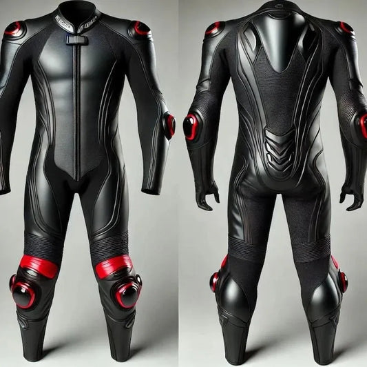 Black One-Piece Leather Motorcycle Race Suit | Premium Cowhide Track Day Leathers with CE Armor & Speed Hump